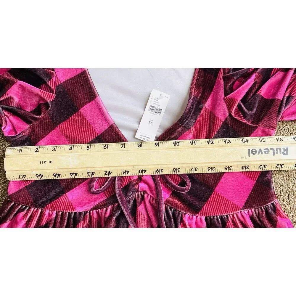 Maeve Anthropologie XS Pink Buffalo Plaid Peplum Puff Sleeve Tie Front Top NWT